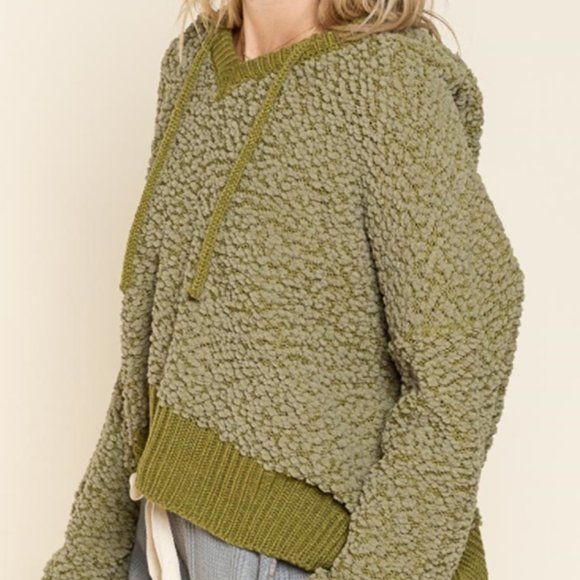 Soft Popcorn Knit Oversized Hoodie-Olive Green - Picture 3 of 10